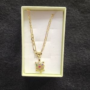 Gold Turtle Pendant Necklace with Multicolor Gems